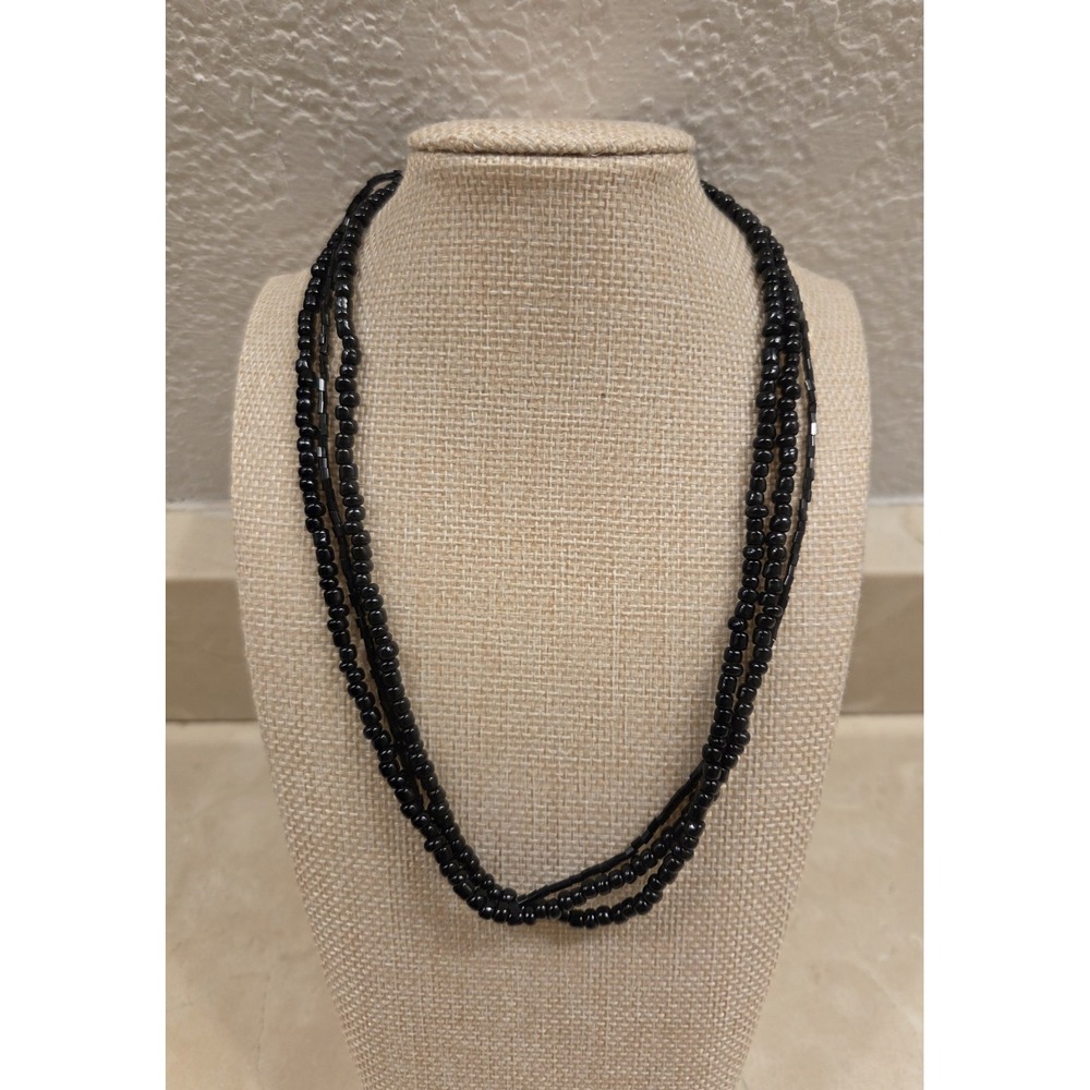Vintage Sterling Silver Triple Strand Black Bead Necklace 16-18.5"